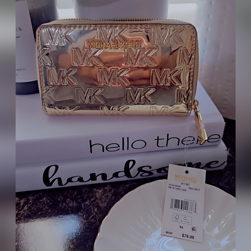 Michael Kors Gold Embossed MK Zip Card Case Wallet